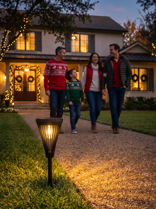 Sidonie solar pathway light staked at a lawn edge