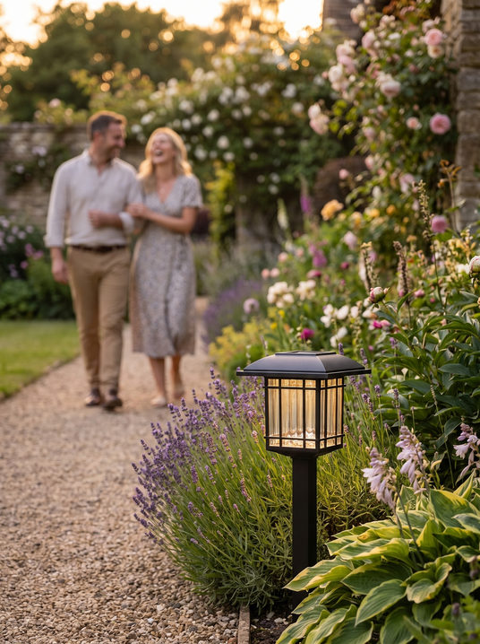 Yalena solar lawn light glowing in a summer garden border at dusk