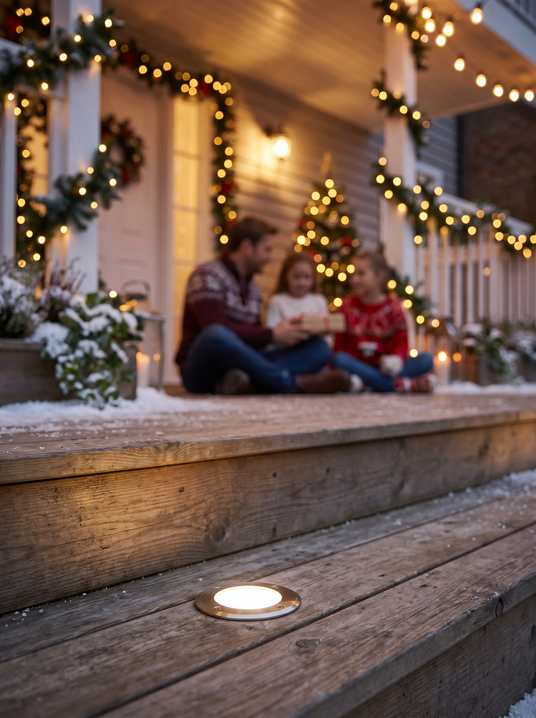 Evanthe in ground deck light set into a holiday decorated timber step