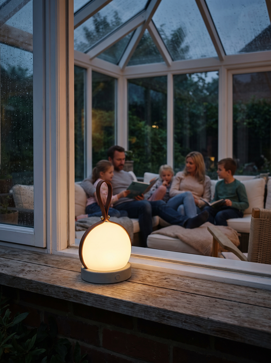 Foldwell portable lamp on a conservatory windowsill under cover with a family seated behind