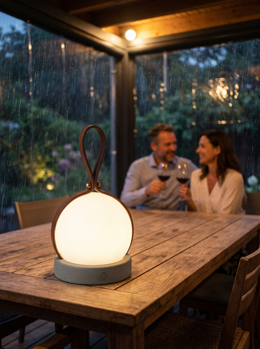 Foldwell portable lamp on a table on a fully roofed covered terrace with a couple dining