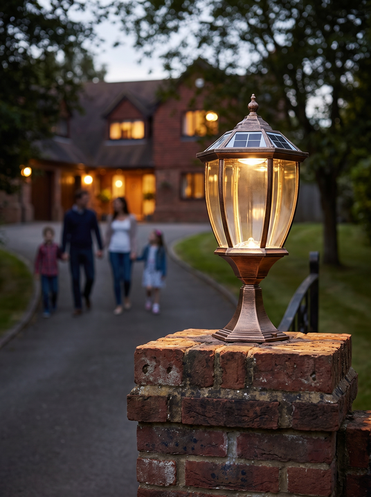 Garnet bronze lantern capping a brick pier with no cable and a family on the driveway