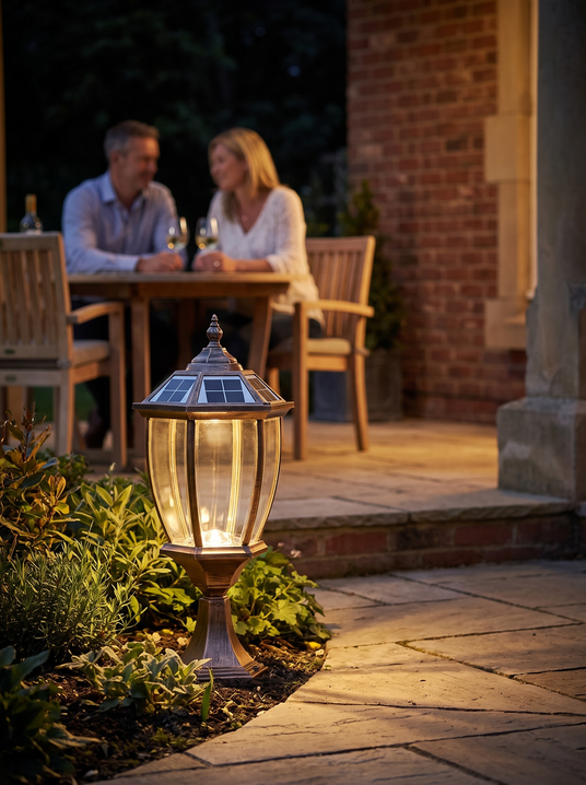 Garnet bronze lantern standing alone at a bed edge in warm light with a couple dining at night