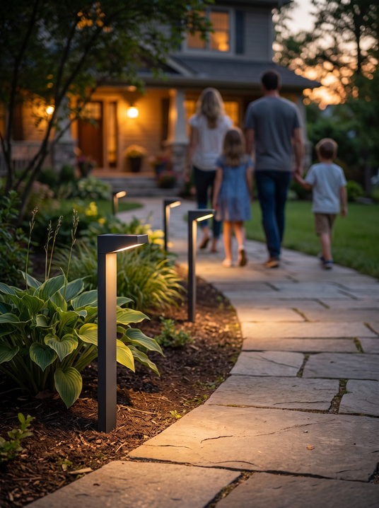 Solar path stake lights along a garden walkway edge with a family behind