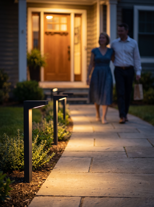 Solar path stake lights along a front walkway with a couple arriving behind