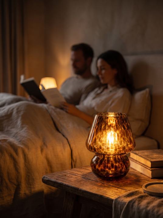 Amber blown glass mushroom lamp on a nightstand with a couple reading behind