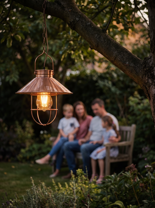 Copper caged solar lantern hanging from a tree branch with a family behind