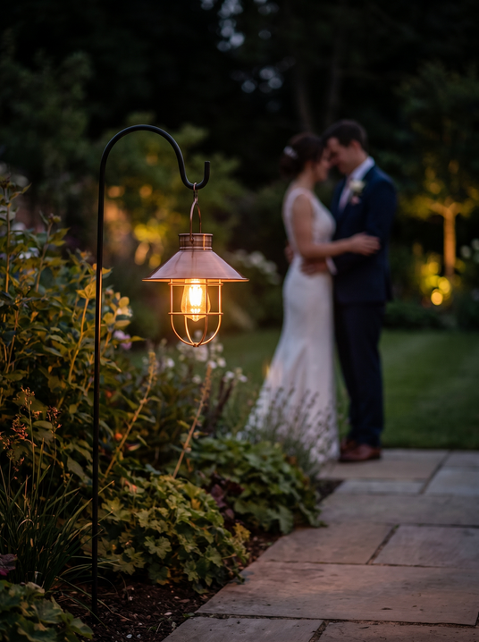 Copper caged solar lantern on a shepherds hook beside a patio with a couple behind