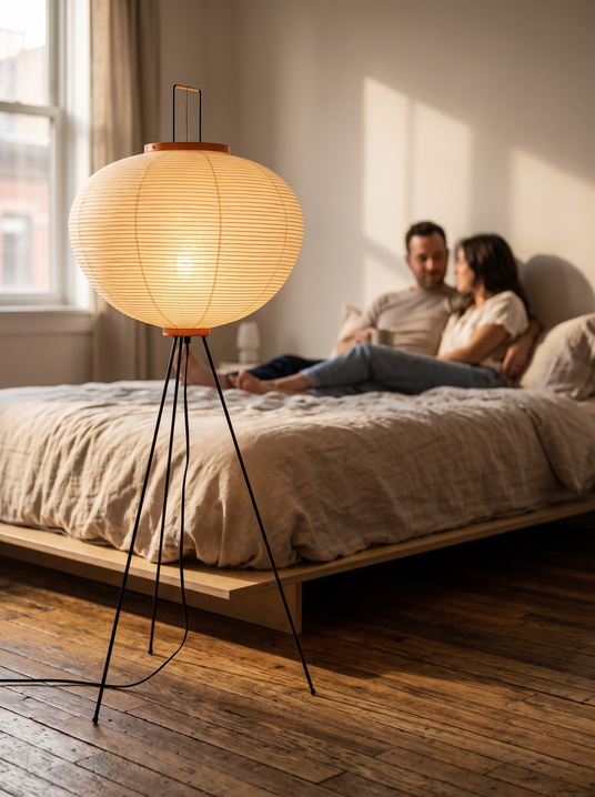 Rice paper floor lamp beside a low bed