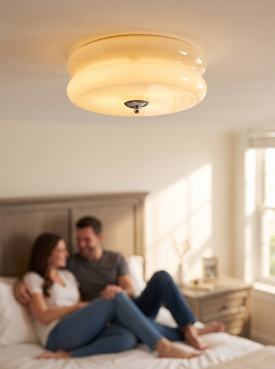 Art Deco ribbed glass flush mount in a bedroom