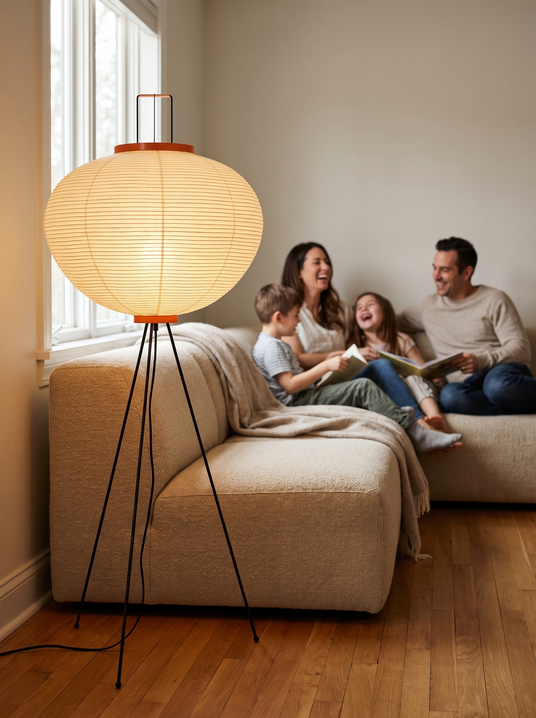 Rice paper floor lamp in a family living room corner