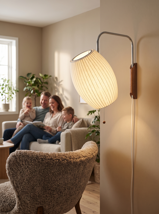 Nelson bubble swivel wall sconce beside a reading chair