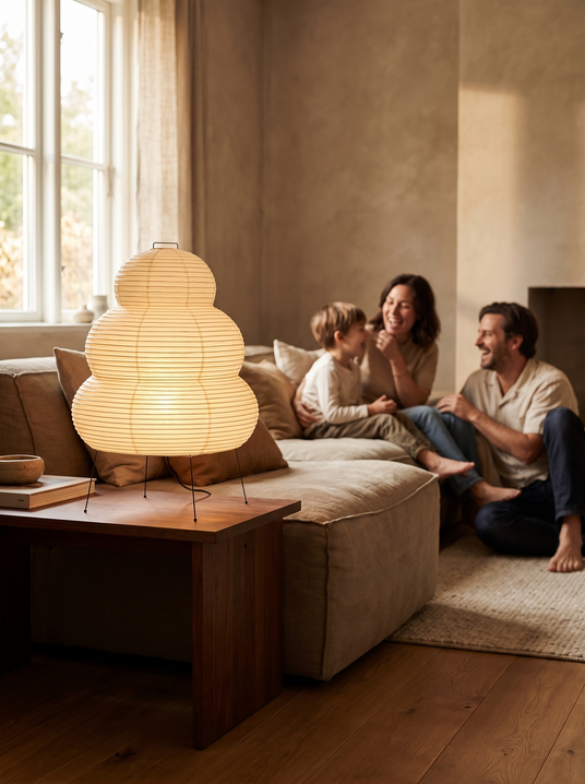 Xuanzhi paper lantern table lamp beside a low sofa