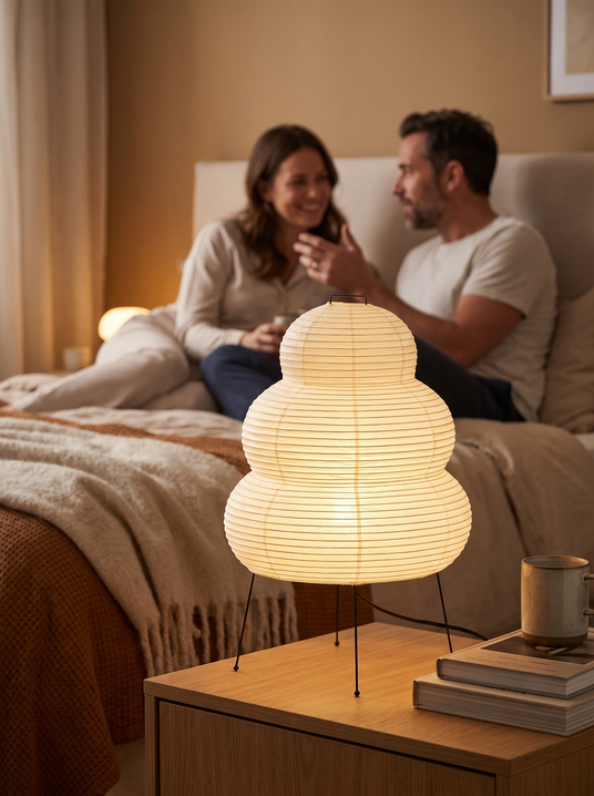 Xuanzhi paper lantern table lamp on a bedroom nightstand