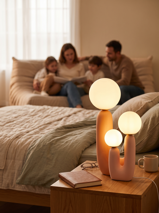 Oo resin table lamp on a bedside table