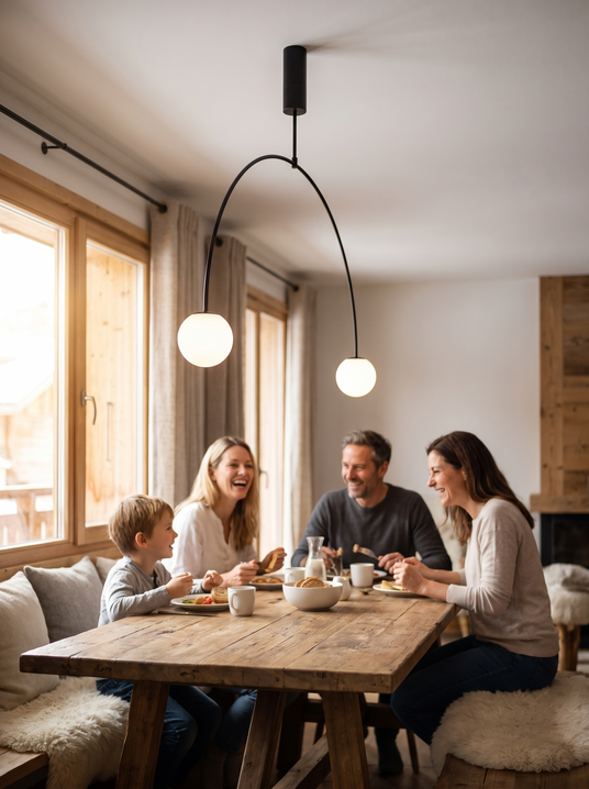 Mobile arc globe chandelier above a family dining table