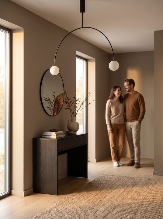 Mobile arc globe chandelier above an entryway console
