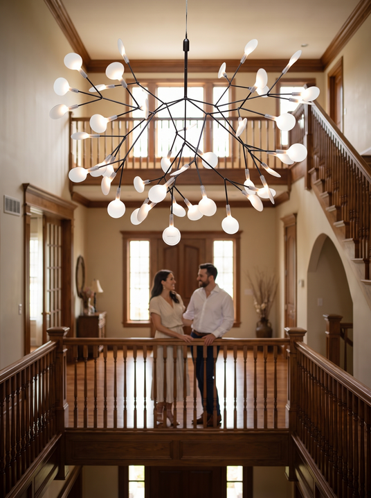 Black firefly LED chandelier in a two storey foyer