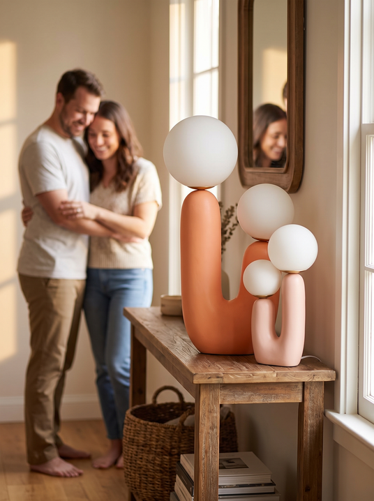Oo resin table lamp on a hallway console