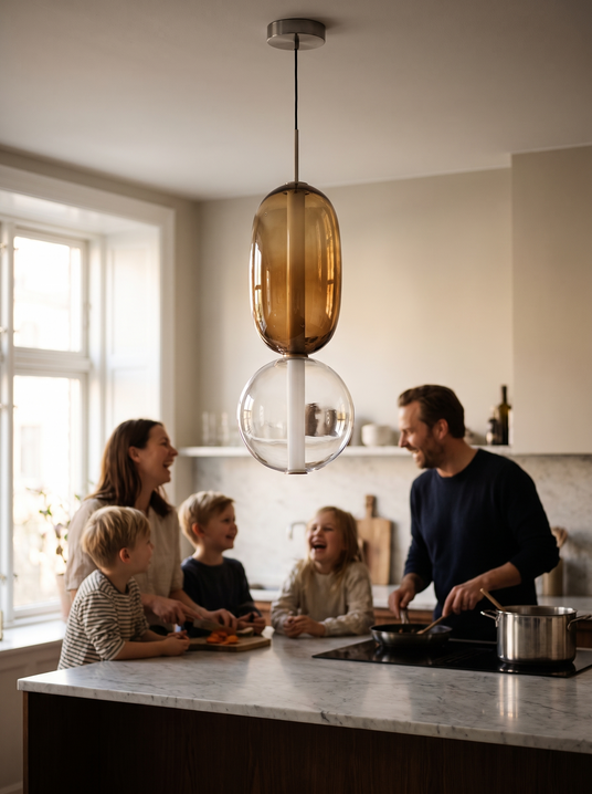 Candied hand blown glass pendant above a kitchen island