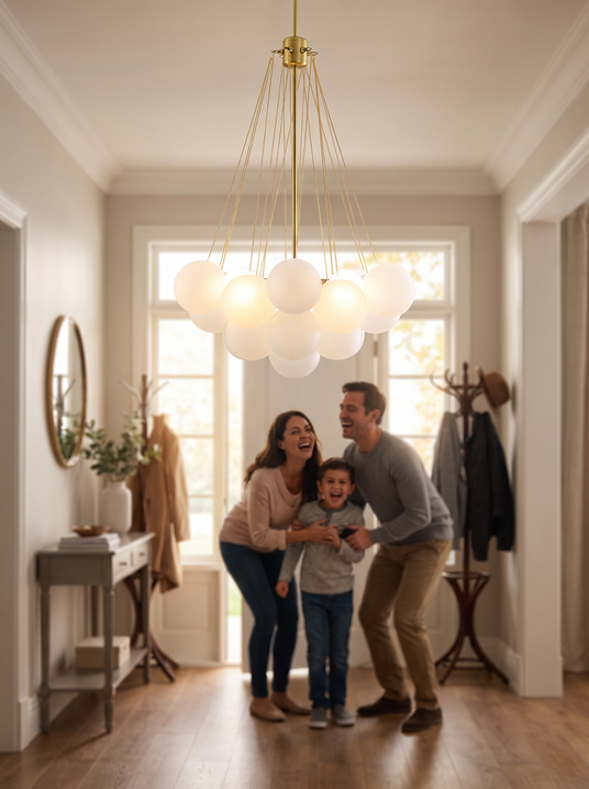 Bubble sphere cluster chandelier in an entryway