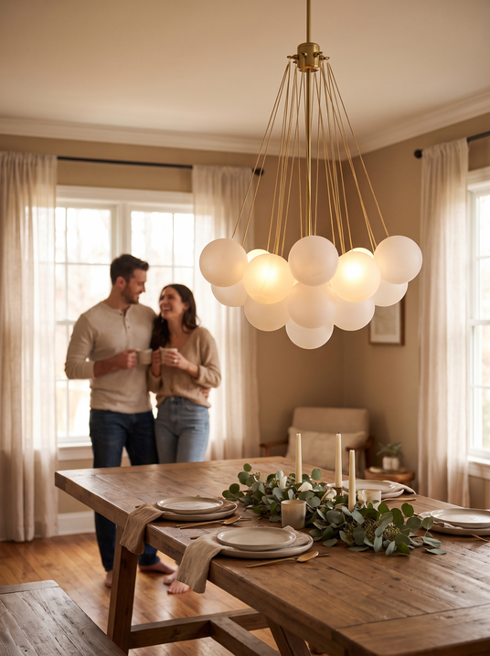 Bubble sphere cluster chandelier above a dining table