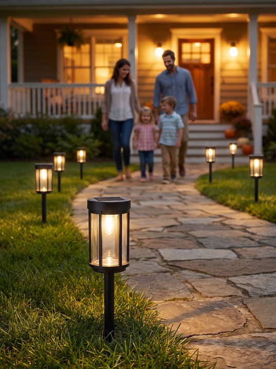 Solar glass lantern path lights lining a walkway as a family walks home at dusk