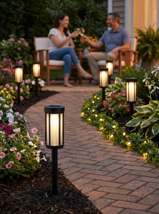 Solar glass lantern path lights along a backyard garden path with a couple relaxing on the patio