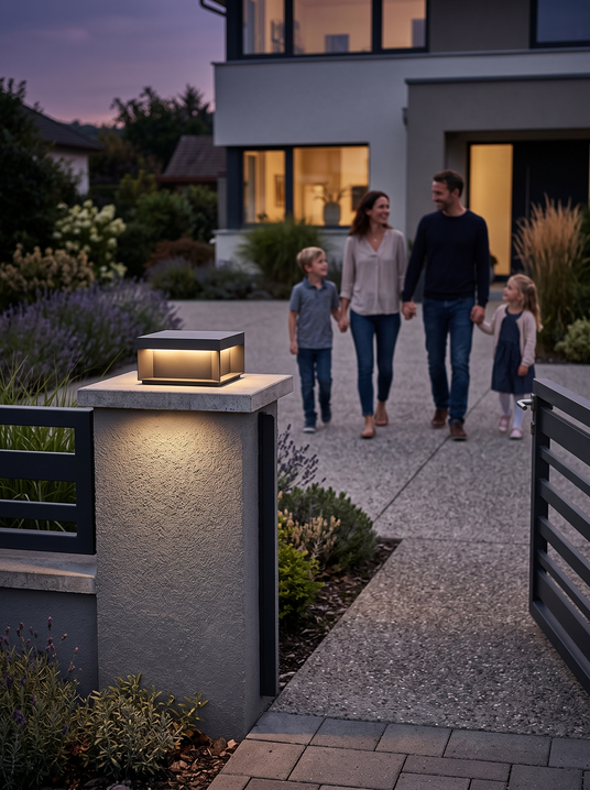 Modern Solar Box Post Light on a gate pillar with a family arriving home at dusk