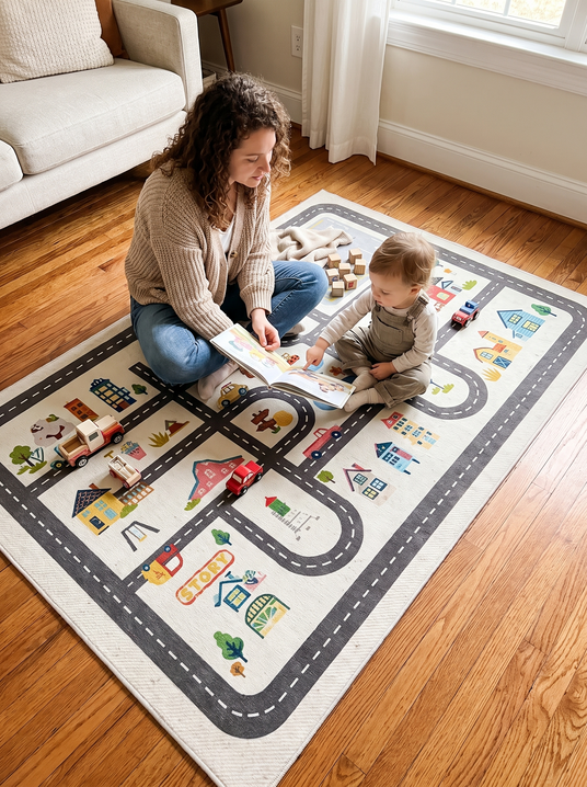 Fenoss Play Mat Parking Lot Rug lifestyle photo 2: Soft Underfoot, Easy to Keep Clean