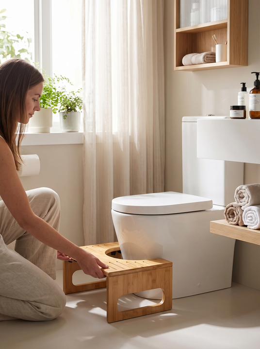 Fenoss Foldable Bamboo Toilet Stool with Non Slip Base lifestyle photo 1: A Better Bathroom Posture