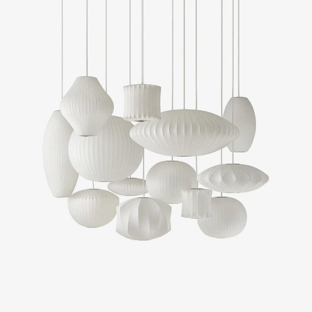 Mid-Century White Silk Pendant – Bubble Wireframe
