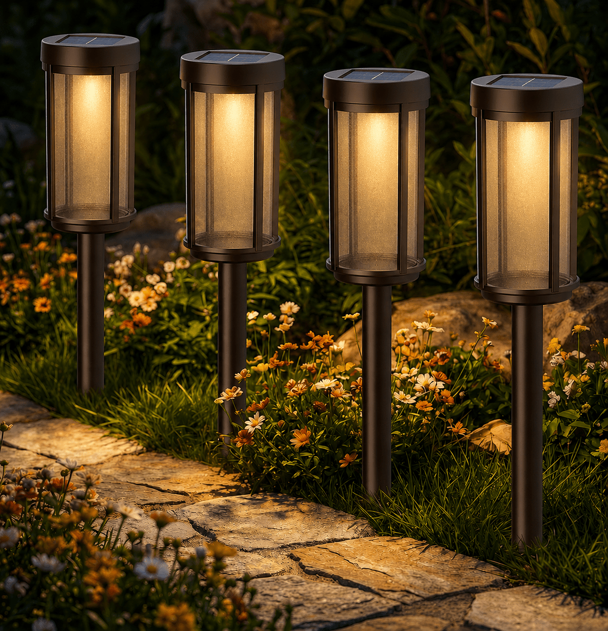 Modern Glass Solar Path Lights – Lantern Stake for Walkways (8 Pack)