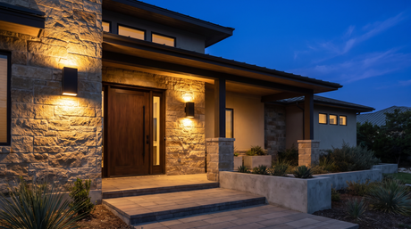 Matte black up and down outdoor wall lights glowing beside the front door of a modern stone home at dusk