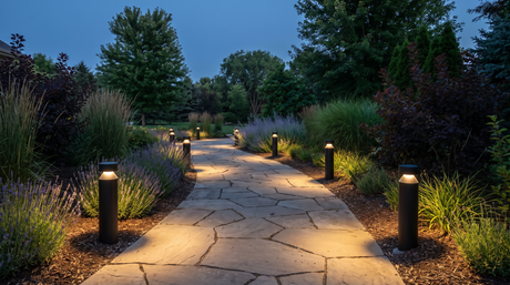 Low bollard path lights casting warm pools of light along a stone garden path at dusk