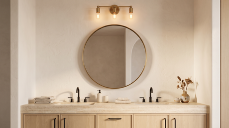 Brass three-light vanity fixture above a round mirror on a travertine bathroom counter