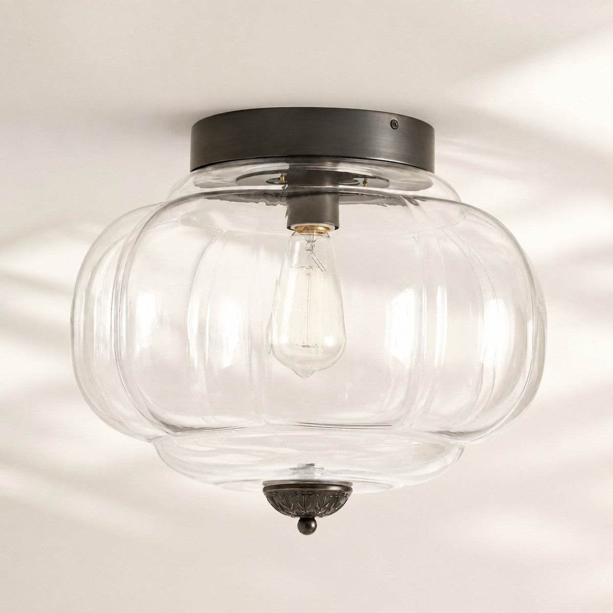 Retro Ribbed Glass Ceiling Light – Flush Mount for Bedrooms