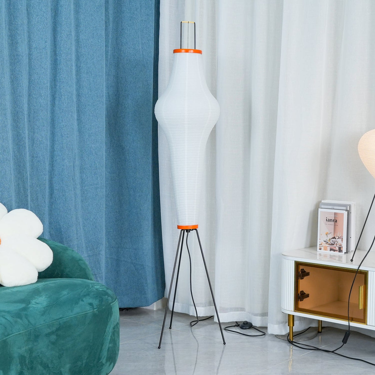 Japandi White Rice Paper Floor Lamp – Bamboo Rib