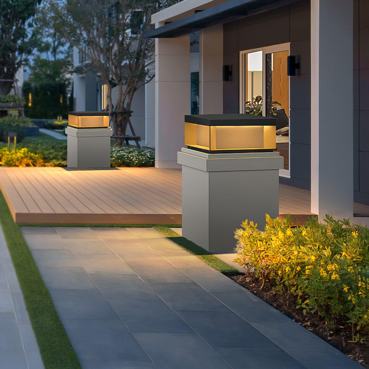 Modern Grey Box Post Light – Solar Pillar Light for Gate