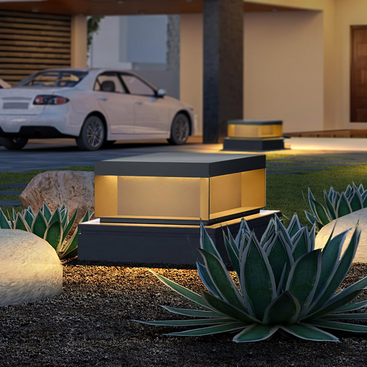 Modern Grey Box Post Light – Solar Pillar Light for Gate