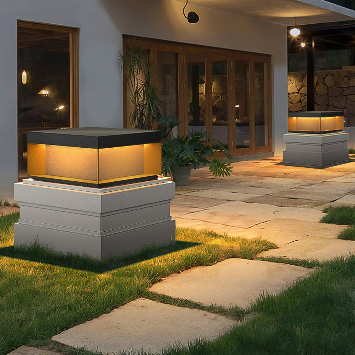 Modern Grey Box Post Light – Solar Pillar Light for Gate