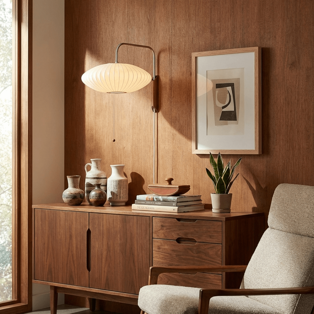 Mid-Century Walnut Bubble Sconce – Swivel Plug-In