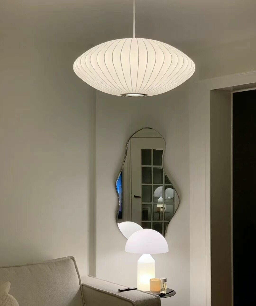 Mid-Century White Silk Pendant – Bubble Wireframe