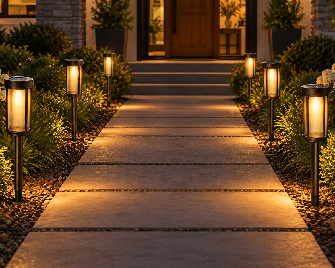 Modern Glass Solar Path Lights – Lantern Stake for Walkways (8 Pack)