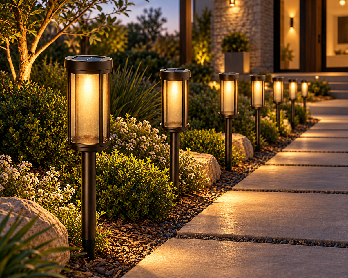 Modern Glass Solar Path Lights – Lantern Stake for Walkways (8 Pack)
