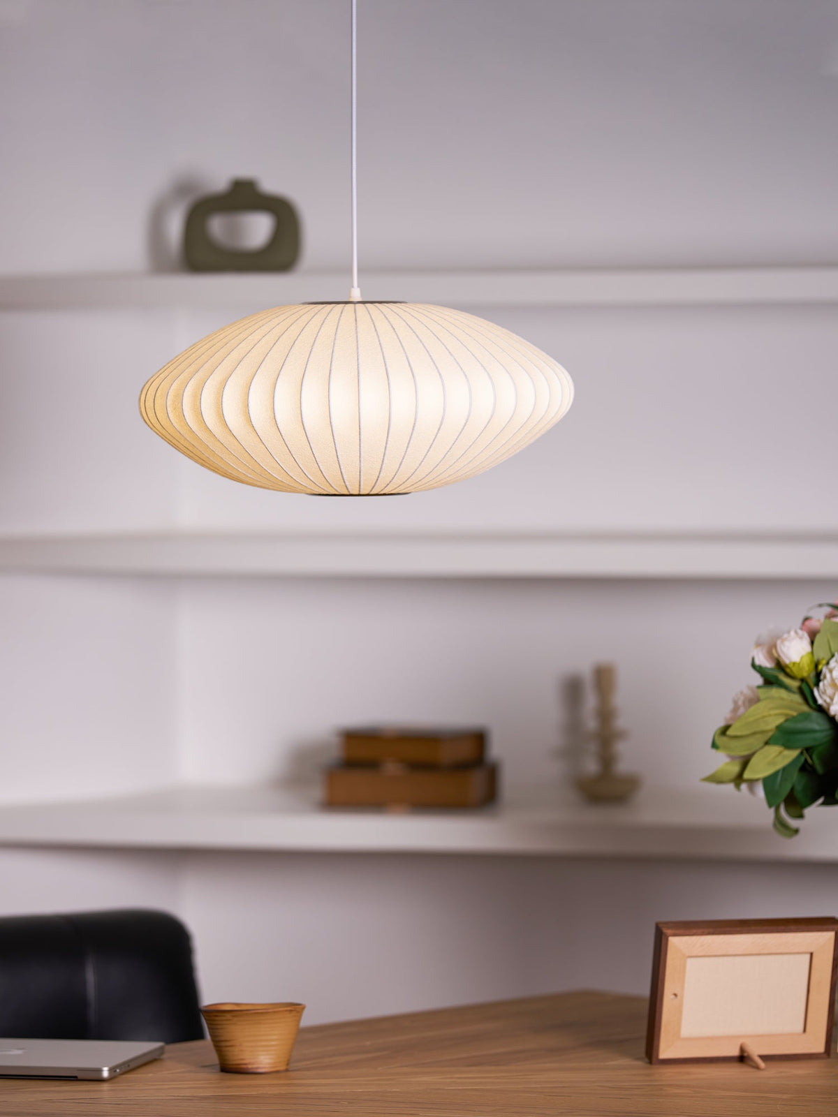 Mid-Century White Silk Pendant – Bubble Wireframe