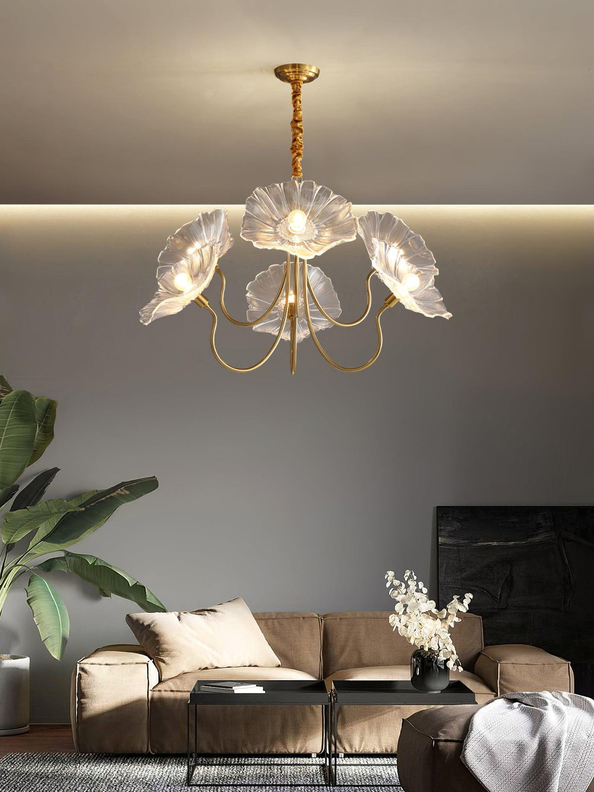 Modern Gold Frosted Glass Lotus Chandelier – Leaf