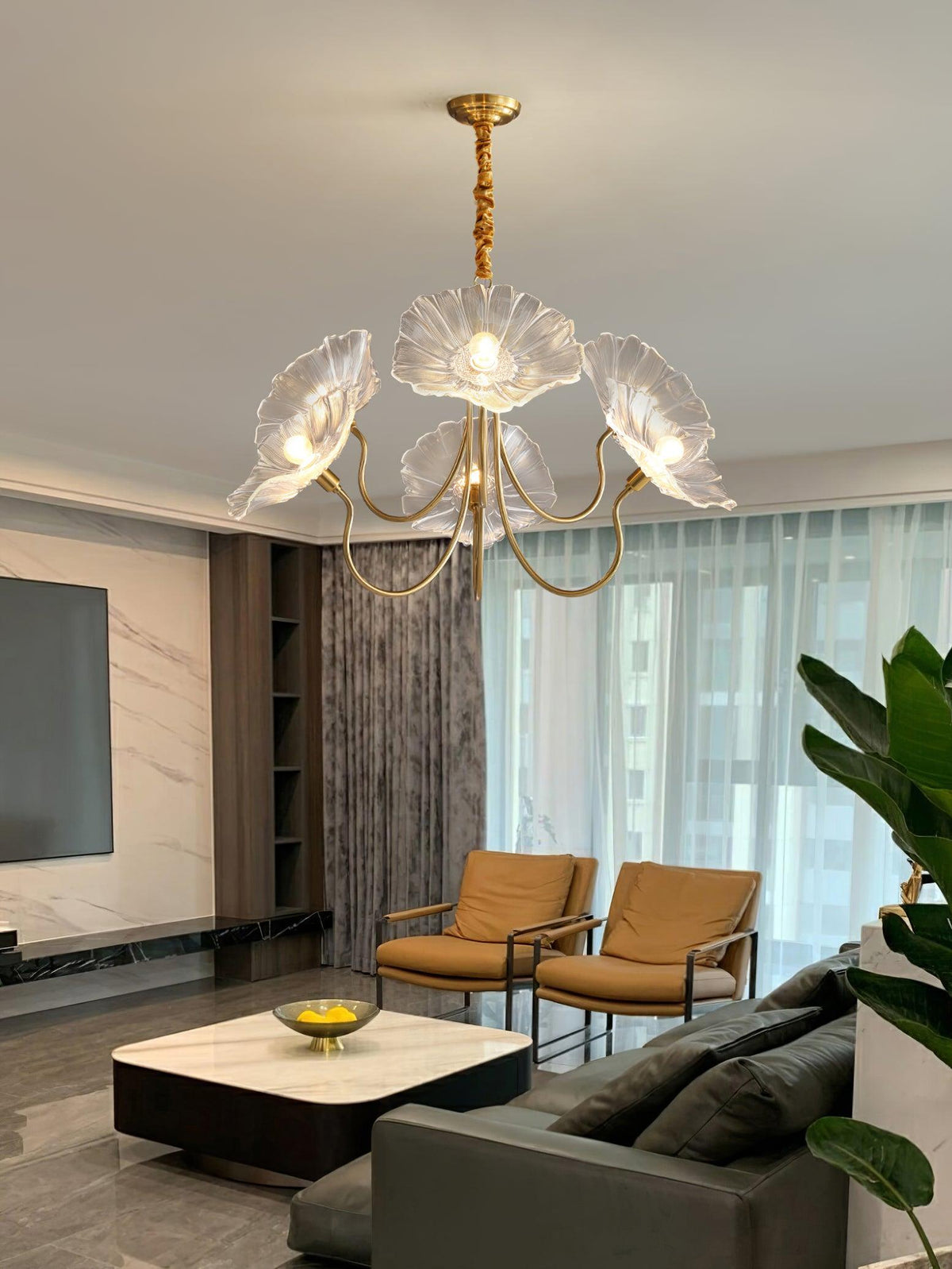 Modern Gold Frosted Glass Lotus Chandelier – Leaf