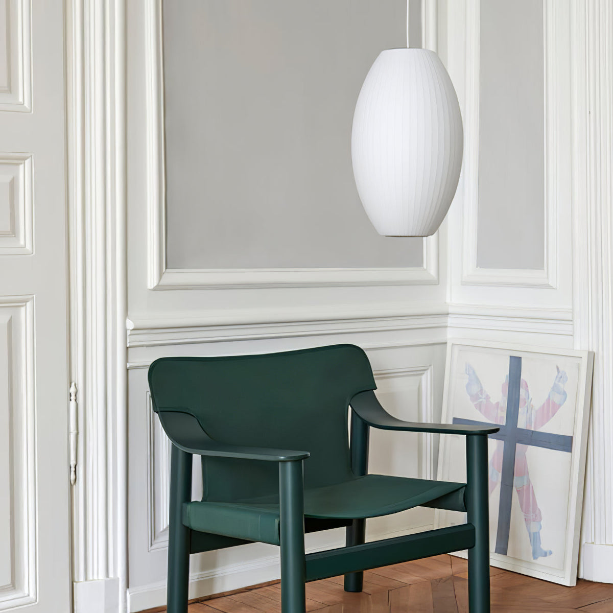 Mid-Century White Silk Pendant – Bubble Wireframe