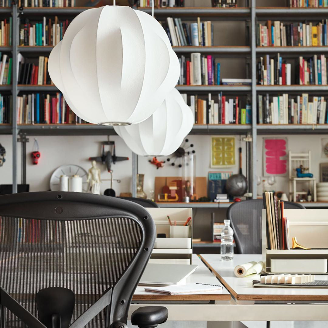Mid-Century White Silk Pendant – Bubble Wireframe
